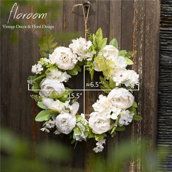 Floral Wreath,Door Wreath,Artificial White Peony Wreath for Front Door 15''-16'' - Picture 6 of 8
